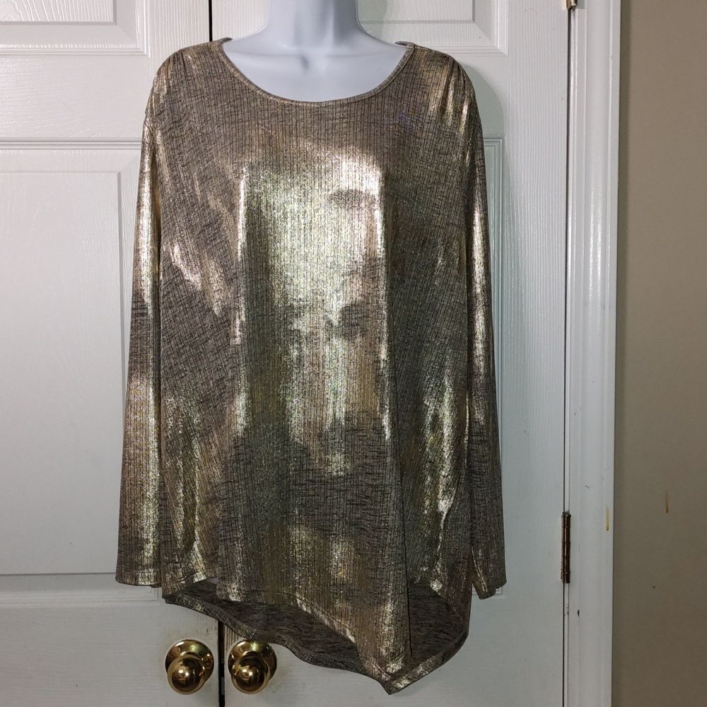 N Touch Tan and Gold shimmery long sleeve holiday night out blouse Sz XL